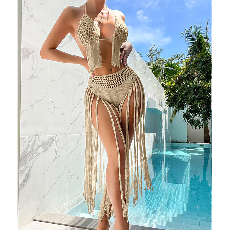 Beach Tourism Crocheting Three-Dimensional Floral Tassel Beach Sexy Open Back Swimsuit Bikini Set