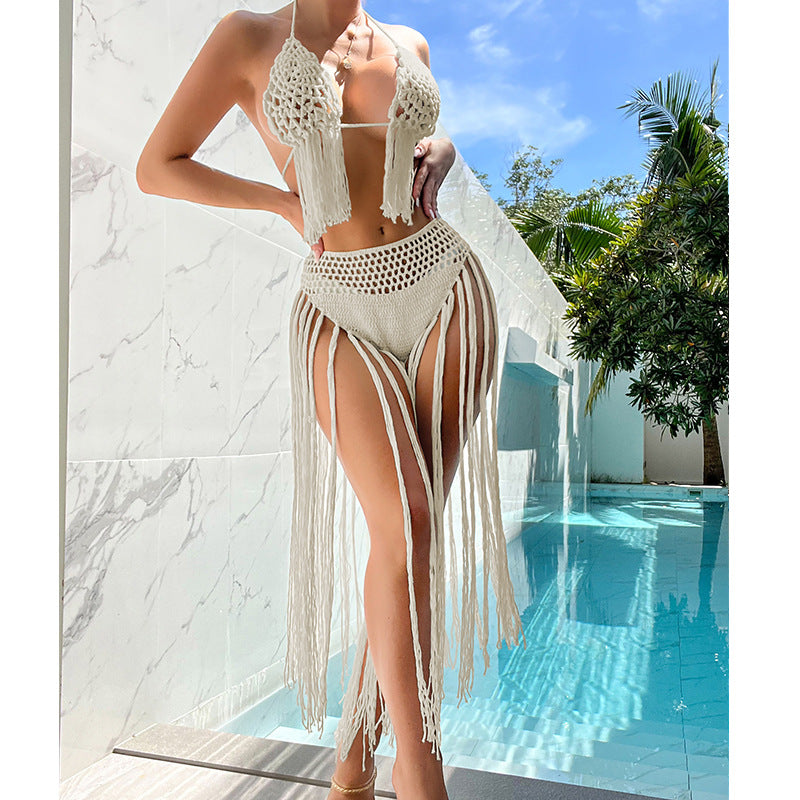 Beach Tourism Crocheting Three-Dimensional Floral Tassel Beach Sexy Open Back Swimsuit Bikini Set