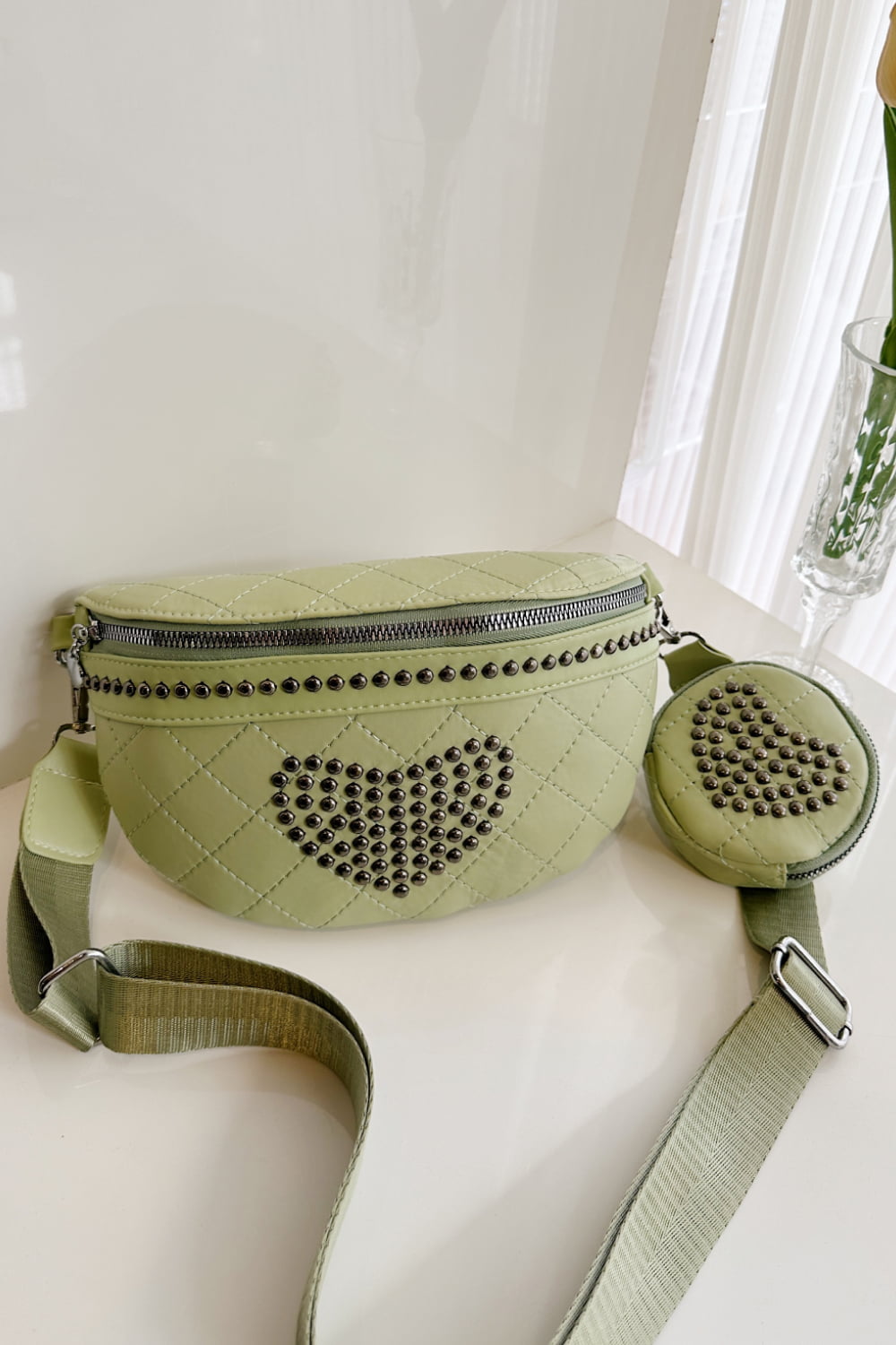 Studded PU Leather Sling Bag with Small Purse