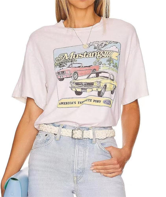 Women Short Sleeved Classic Ford Mustang Car Printed Graphic Tee