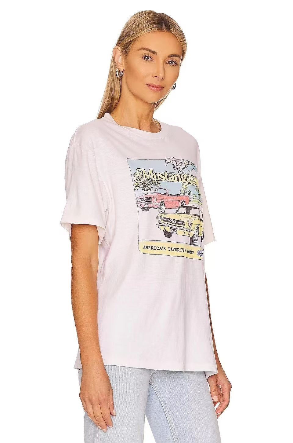 Women Short Sleeved Classic Ford Mustang Car Printed Graphic Tee