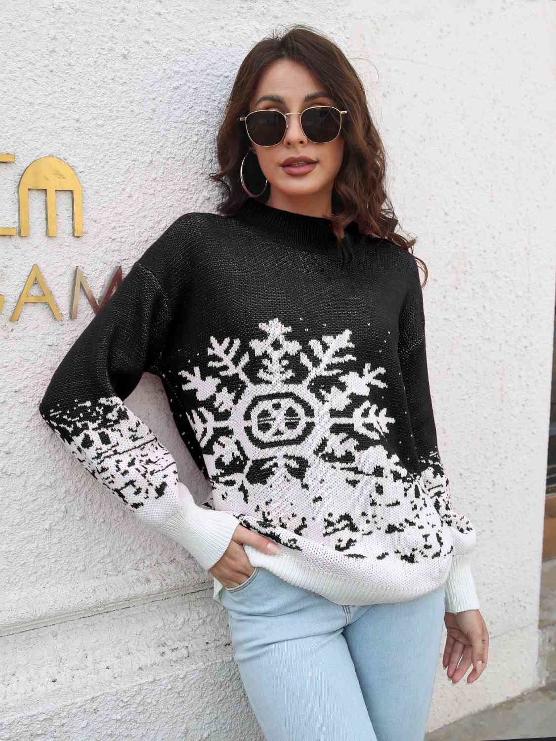 Snowflake Pattern Mock Neck Sweater