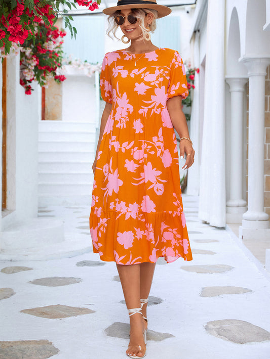 Floral Puff Sleeve Ruffle Hem Midi Dress