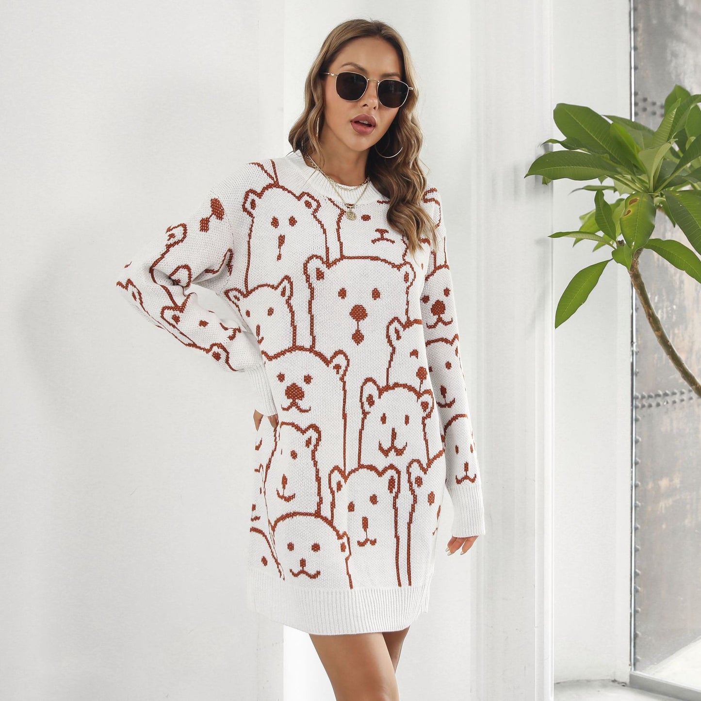 Cute Bear Jacquard Long Sleeve Loose Sweater Dress