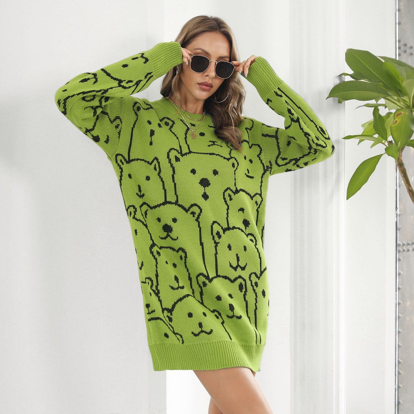 Cute Bear Jacquard Long Sleeve Loose Sweater Dress