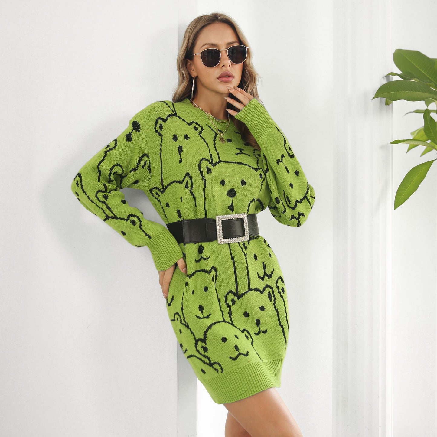 Cute Bear Jacquard Long Sleeve Loose Sweater Dress