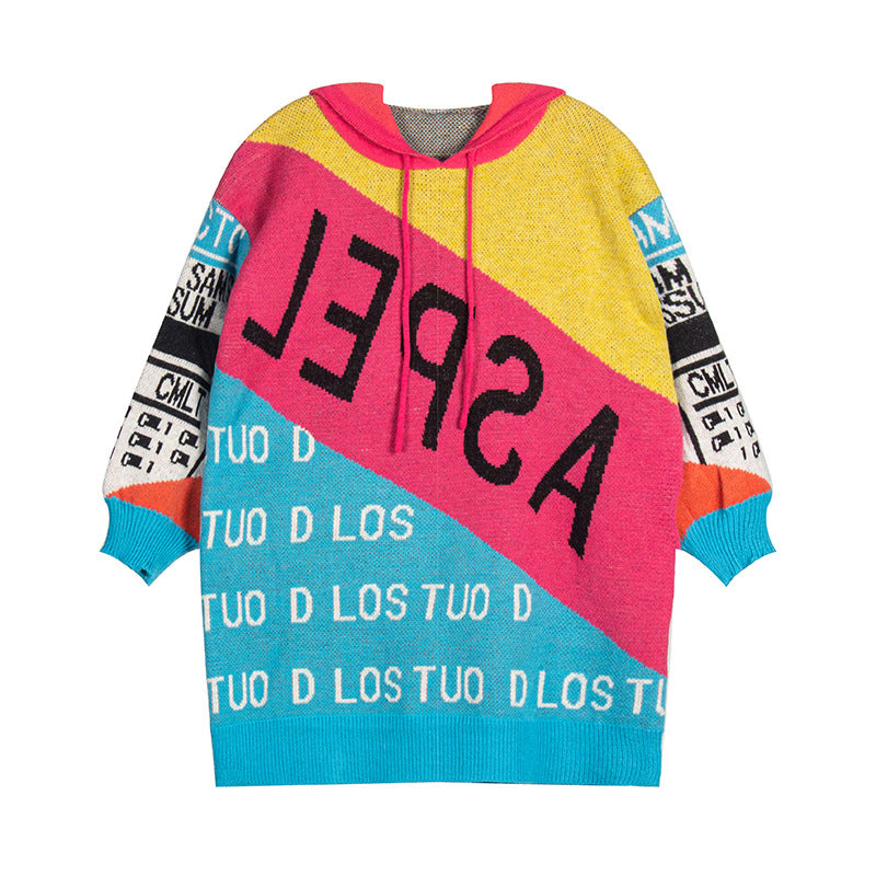 Winter Hooded Long Sleeve Color Matching Letter Graphic Loose Sweater Dress