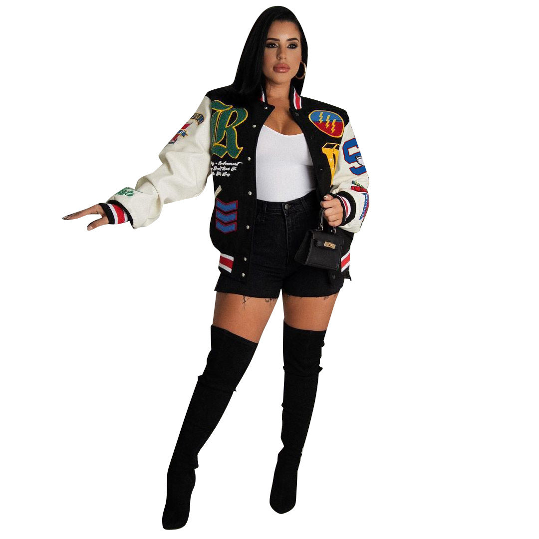 Women Black Long Sleeve Slim Stitching Varsity Jacket