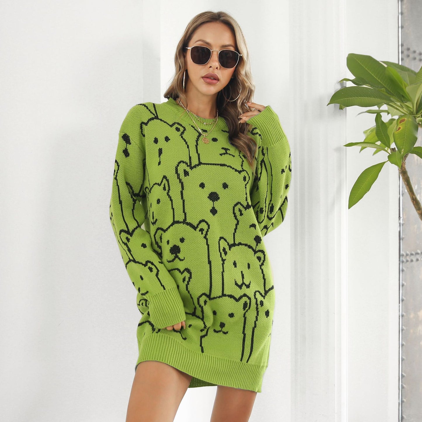 Cute Bear Jacquard Long Sleeve Loose Sweater Dress