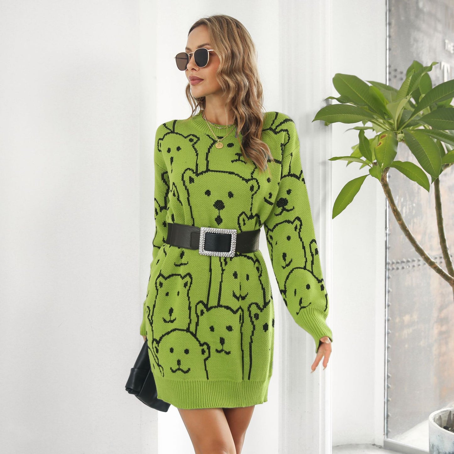 Cute Bear Jacquard Long Sleeve Loose Sweater Dress