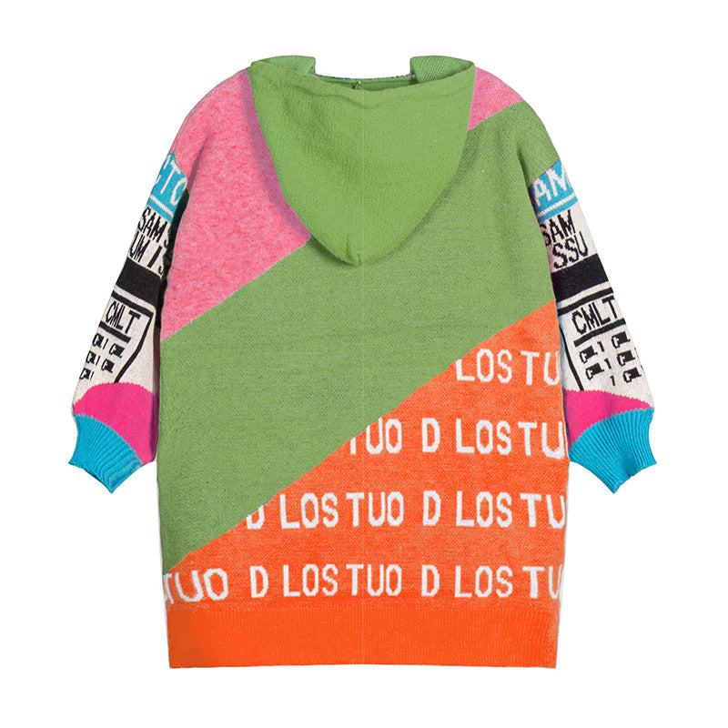 Winter Hooded Long Sleeve Color Matching Letter Graphic Loose Sweater Dress