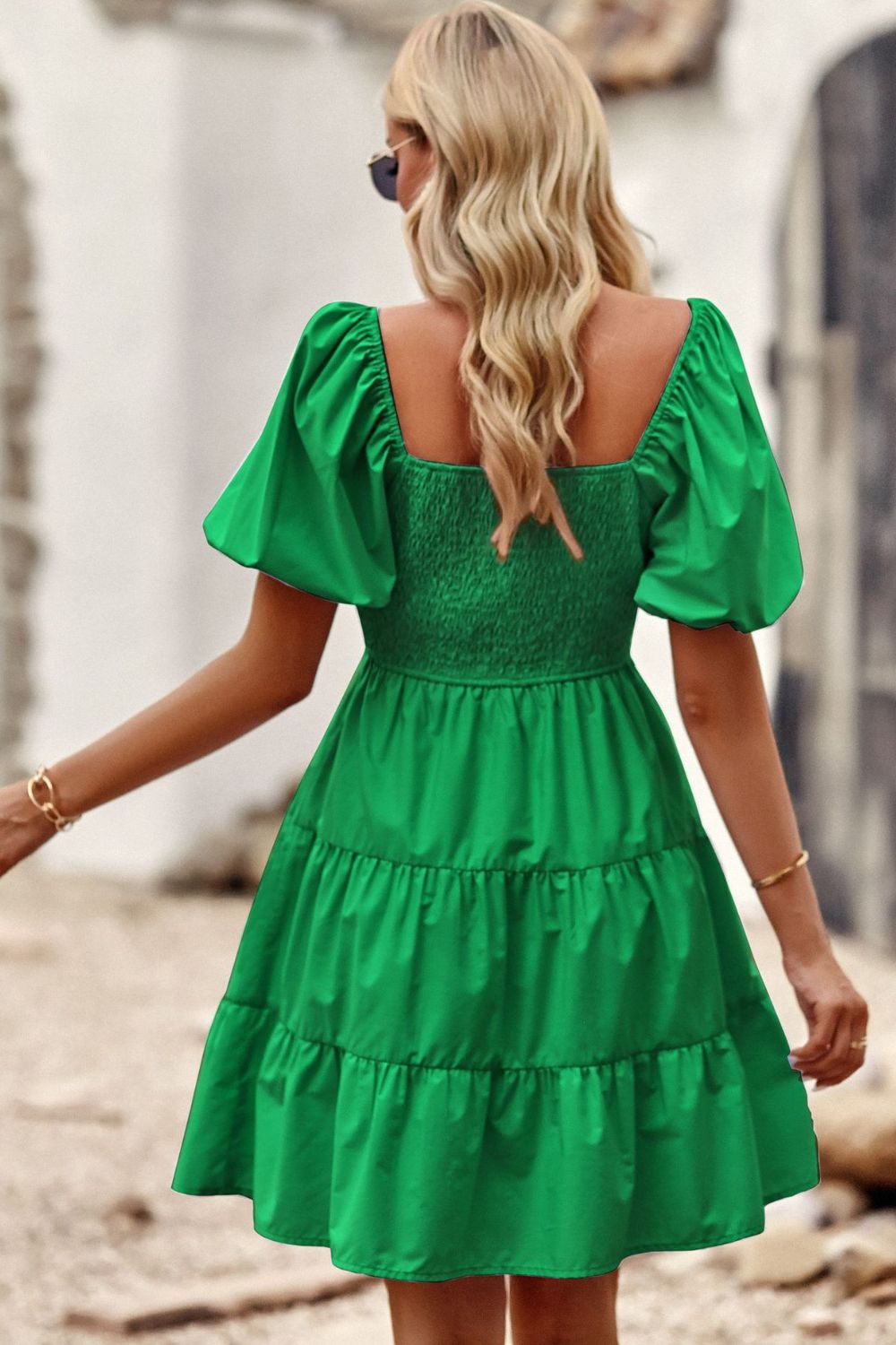 Balloon Sleeve Square Neck Smocked Midi Dress