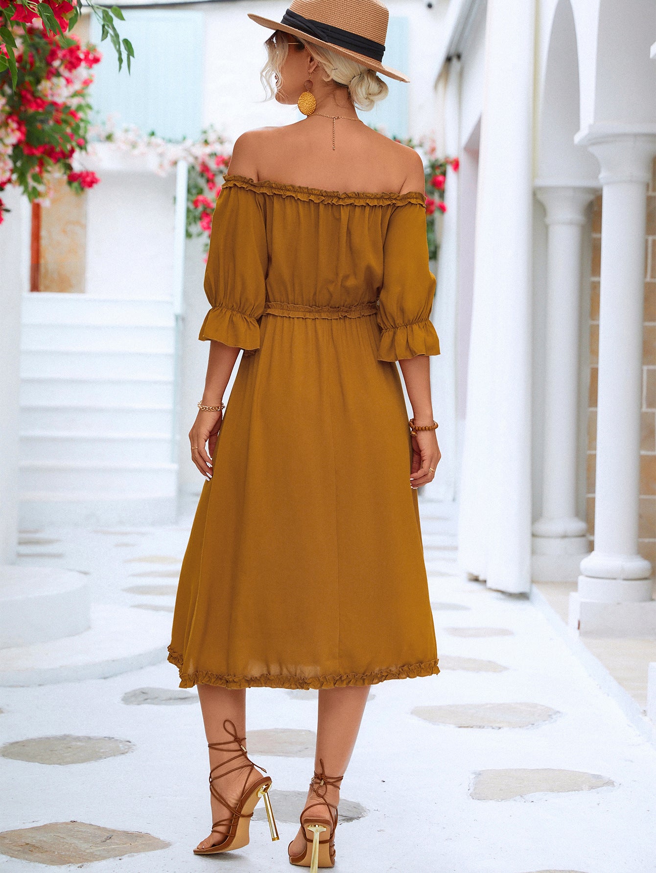 Frilled Off-Shoulder Flounce Sleeve Dress