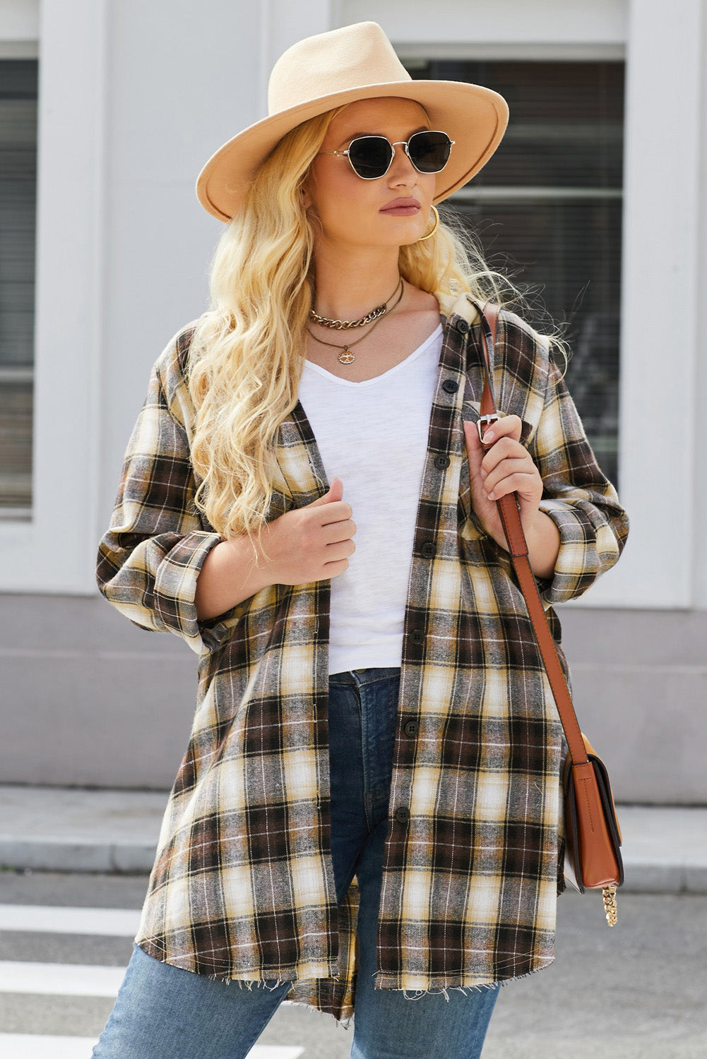 Plaid Curved Hem Button Front Shirt